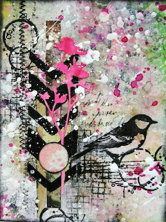 Abstract mixed media collage of a black and white bird with pink flowers and splattered textures