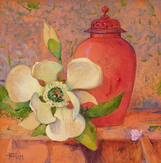 Still life painting showing white magnolia flower next to red Chinese jar on warm-toned background
