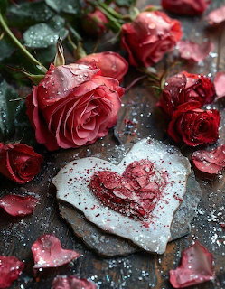 Red roses around a white heart-shaped stone with a red glitter heart