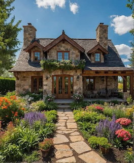 Stone cottage with flower gardens and pathway