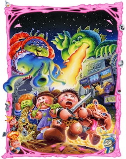 Garbage Pail Kids cartoon art with gross characters and dinosaurs in a wild action scene