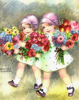 Painting of two little twin girls holding colorful flower bouquets