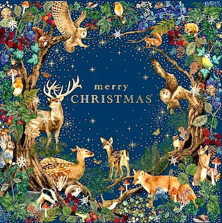 Christmas illustration with forest animals, deer, owls, and festive greenery around starry blue center with holiday text