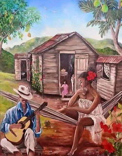 Painting of a rustic village house with a guitarist, a seated woman, and a child in a tropical setting