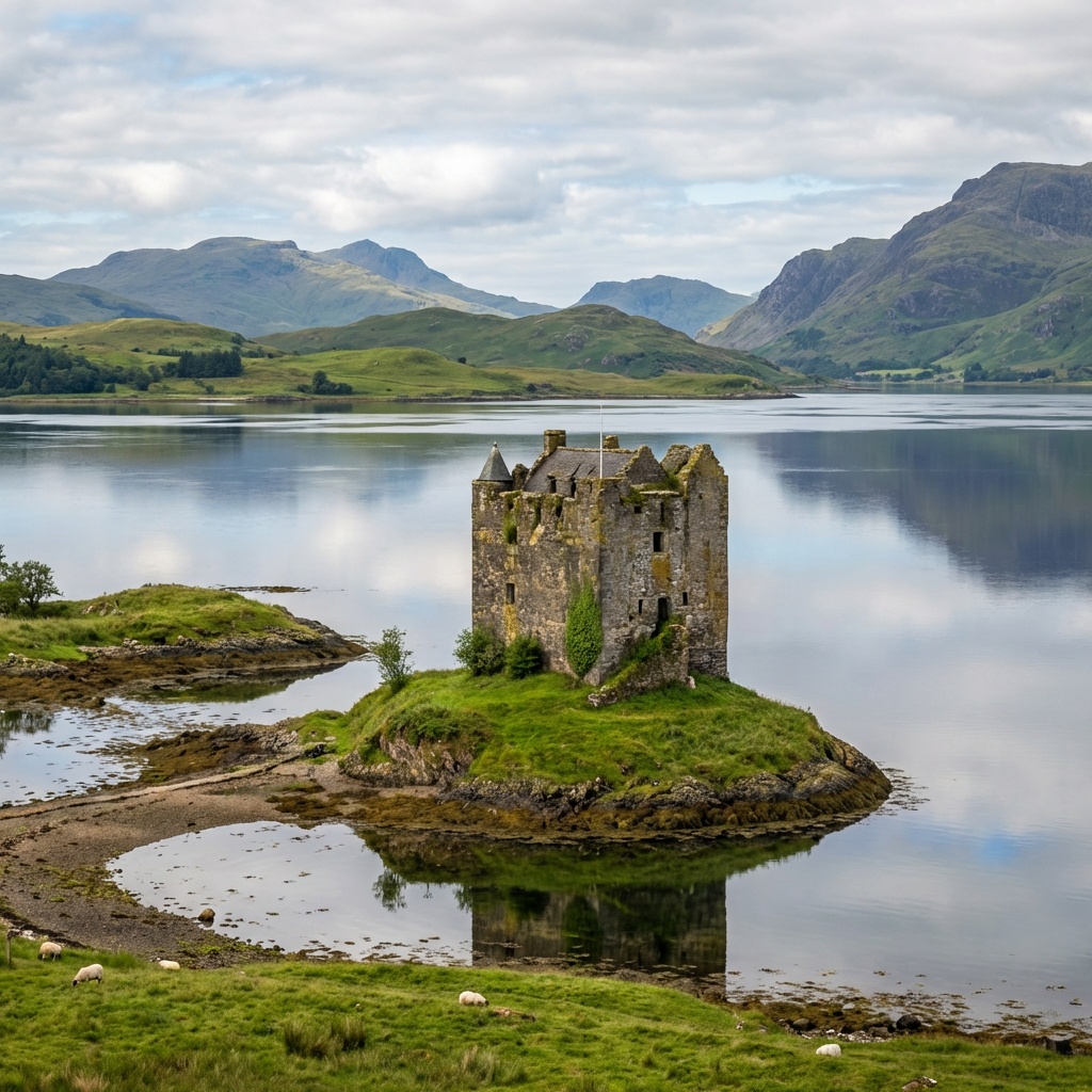 Stone castle on a small island in a still loch with mountains in the background
