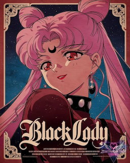 Anime portrait of Black Lady with pink hair, crescent moon mark, and gothic title text