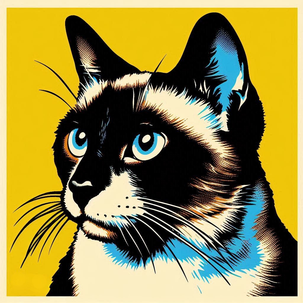 Siamese cat portrait in pop art style with bright yellow background and bold contrasting colors