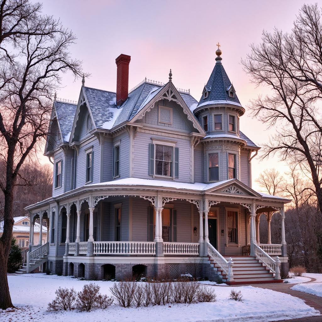 Victorian mansion with turret and porch in snow at sunset with bare trees and colorful sky