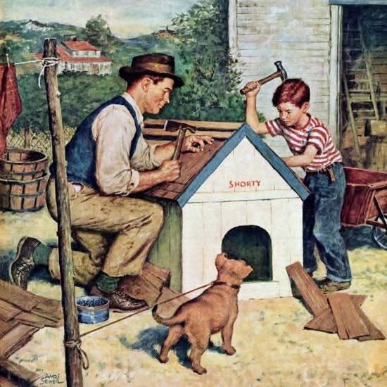 Father and son building white doghouse with brown puppy watching, vintage illustration style