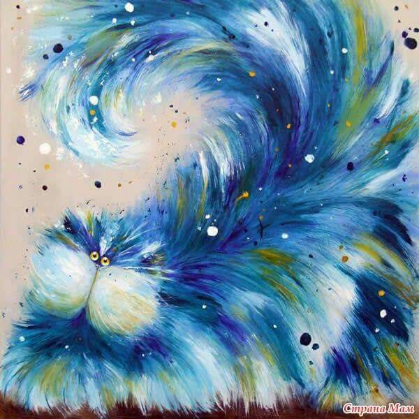 Colorful painting of a fluffy cat with swirling blue and teal fur and white splatter details