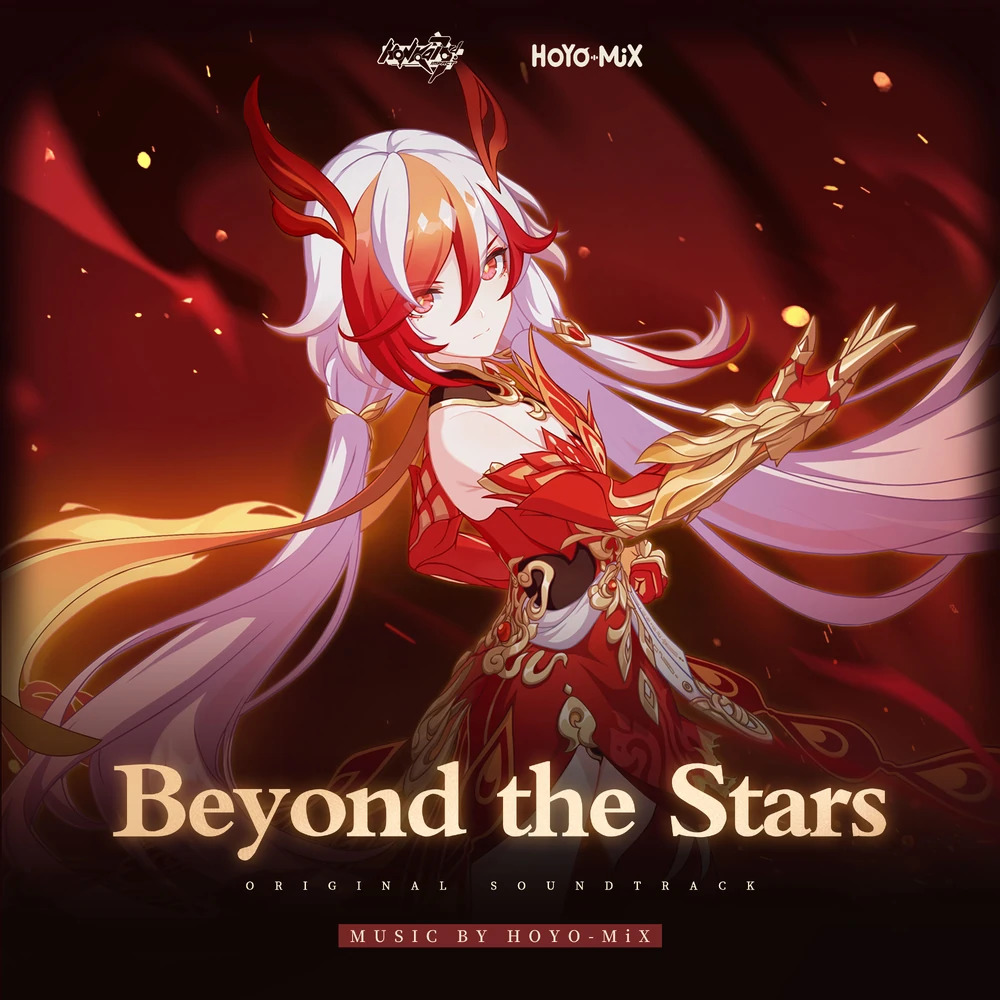 Anime-style white-haired female character in red attire with a fiery red background and Beyond the Stars text