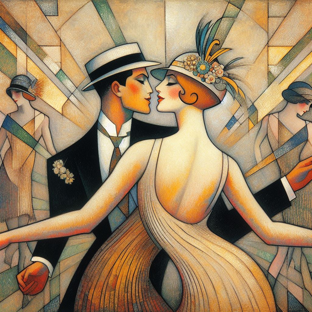 Art deco style painting of a couple dancing in vintage 1920s formal wear with geometric background