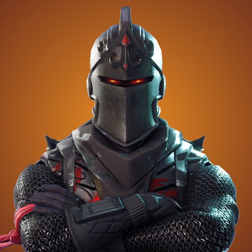 Medieval knight in black armor with red glowing eyes and mohawk crest on orange background