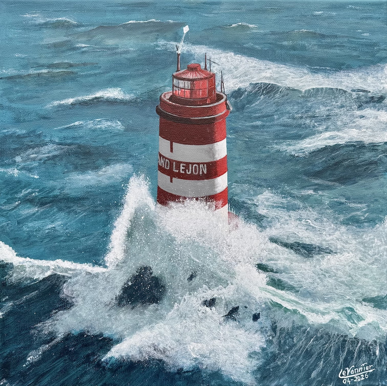 Painting of a red and white lighthouse in rough ocean waves