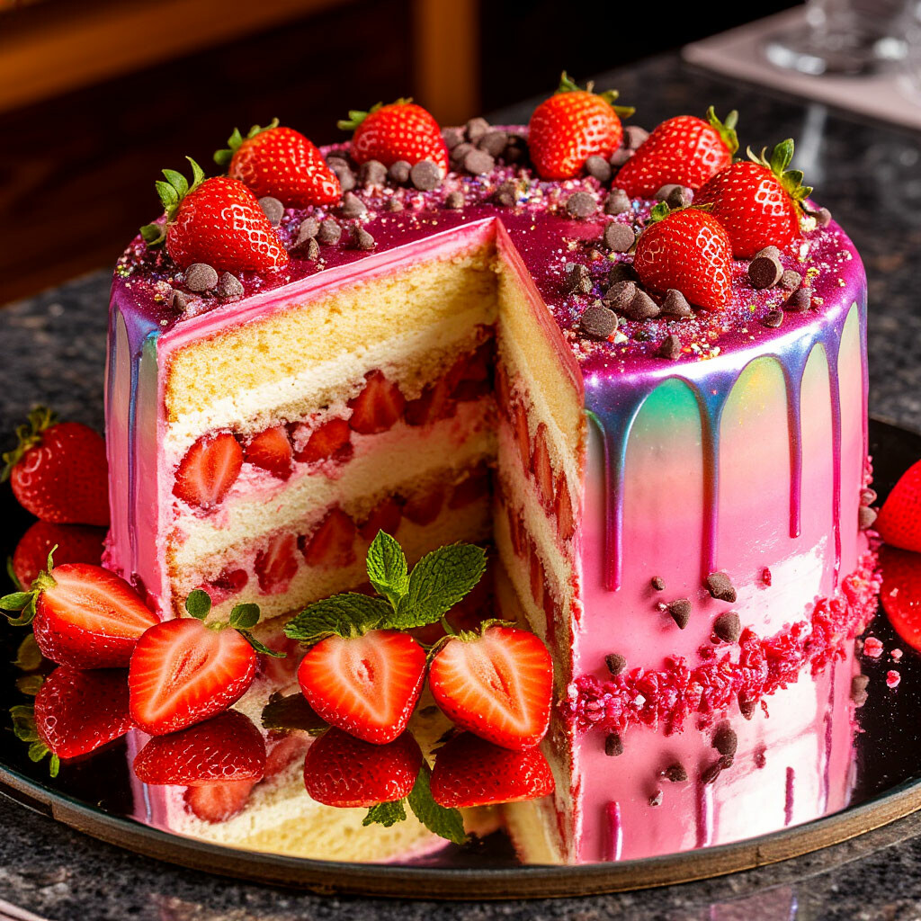 Pink strawberry drip cake with layered sponge, cream, and fresh strawberries on a cake stand