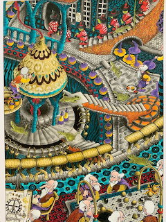 Detailed illustration of a colorful fantasy marketplace with domed structures, vendors, and decorative patterns