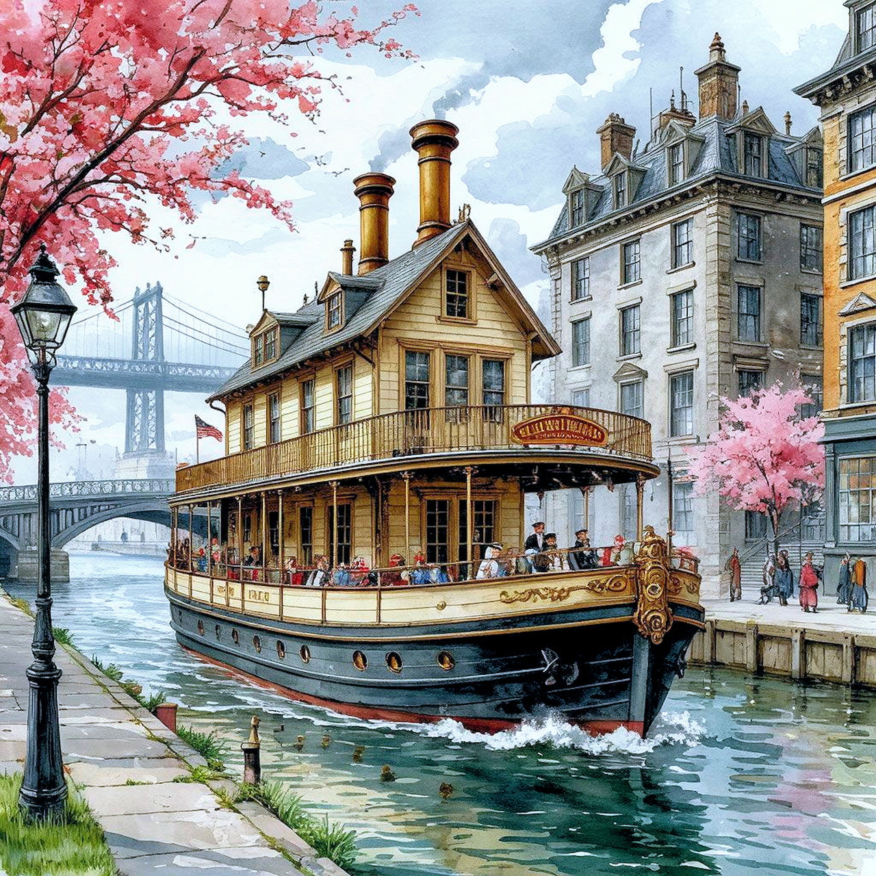 Vintage Riverboat Canal Scene