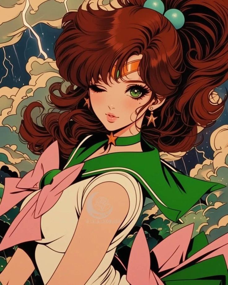 Retro anime illustration of Sailor Jupiter with auburn hair in green sailor uniform and dramatic cloudy background