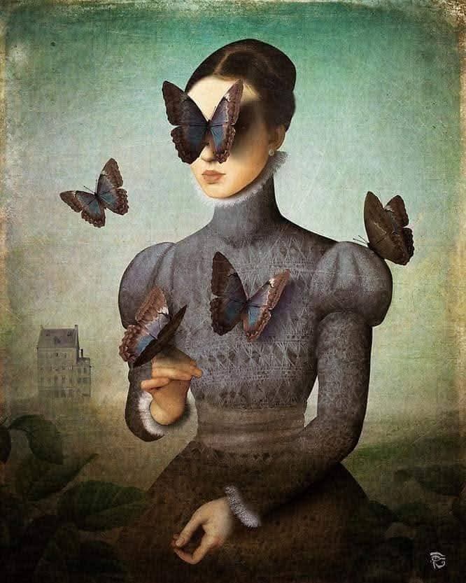 Surreal painting of a woman in a gray dress with butterflies around her face and hand
