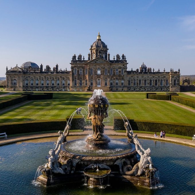 Ornate baroque fountain with Castle Howard palace and formal gardens in background under clear blue sky