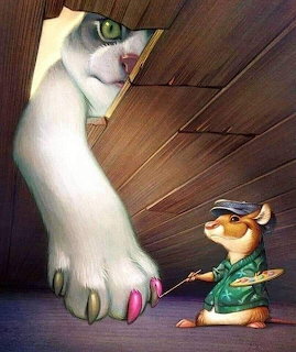 Illustration of a small mouse holding a paint palette facing a large white cat paw reaching through wooden boards