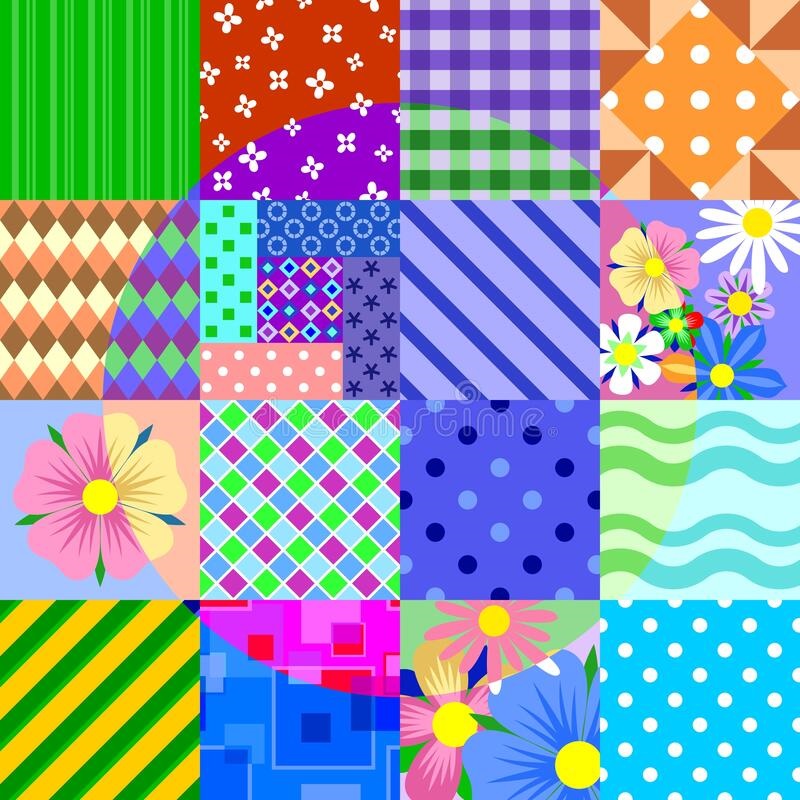 Grid of 25 colorful patchwork squares with various patterns including florals, stripes, dots, and geometric shapes