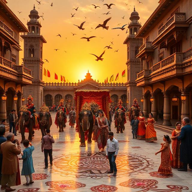 Sunset in a palace courtyard with people, a decorated canopy, and birds overhead