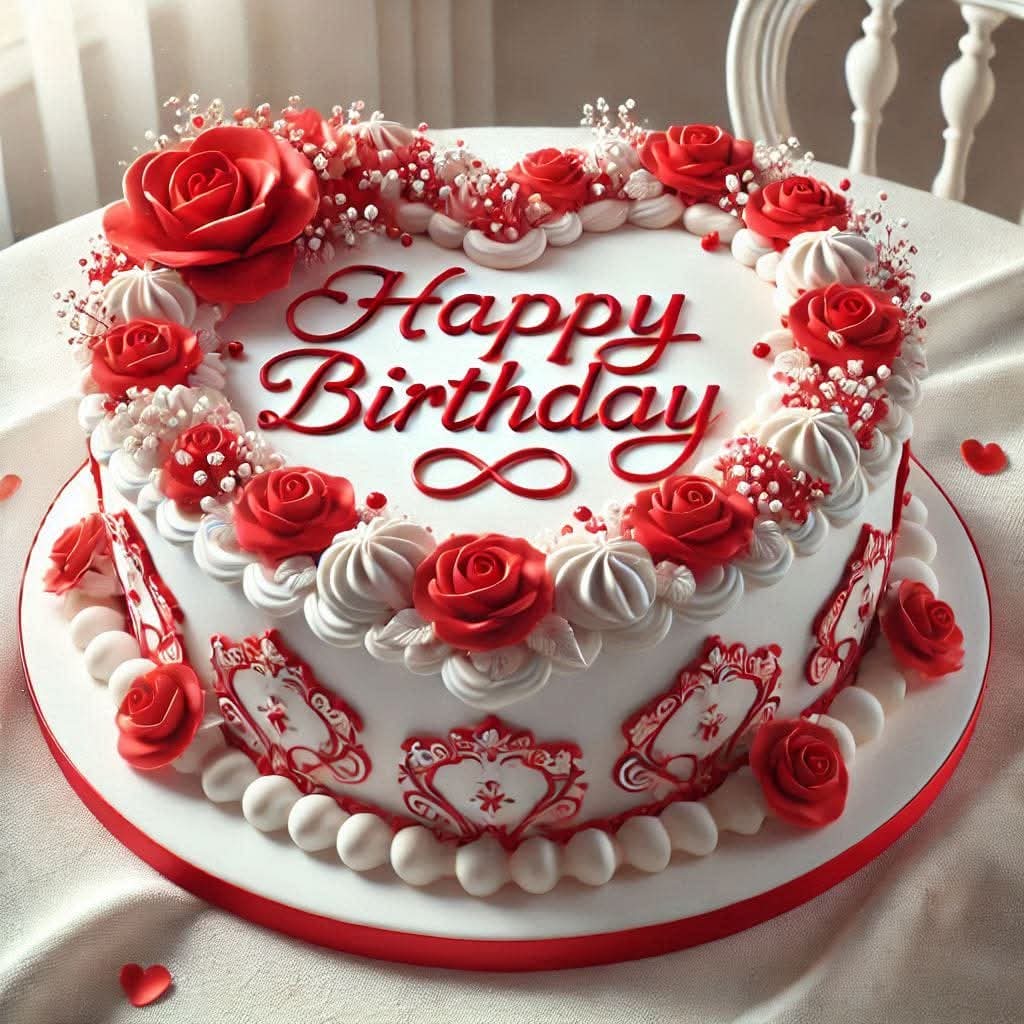 Round white birthday cake with red roses, pearl decorations, and Happy Birthday text in cursive red icing