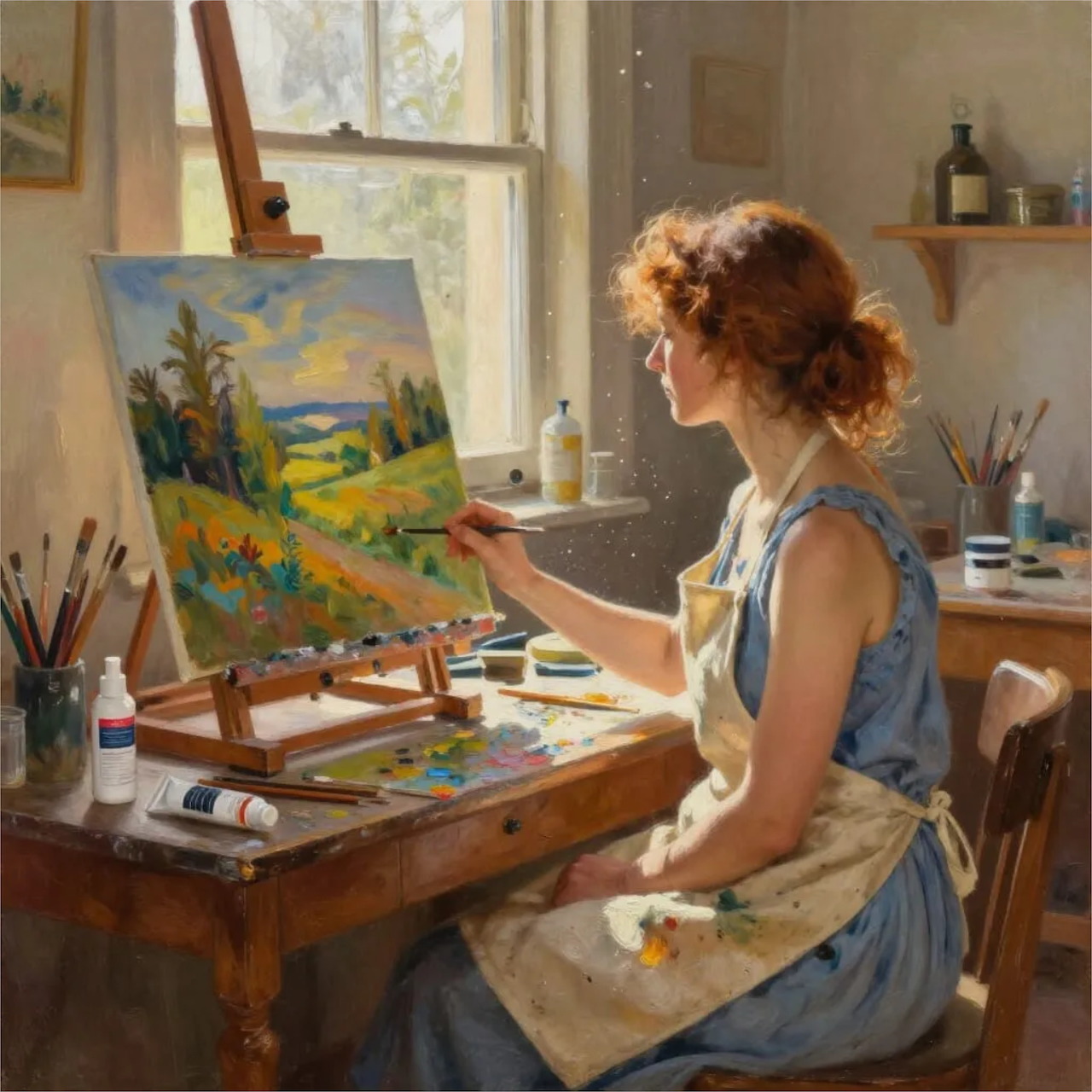 Woman in blue dress painting a landscape on an easel in a bright art studio