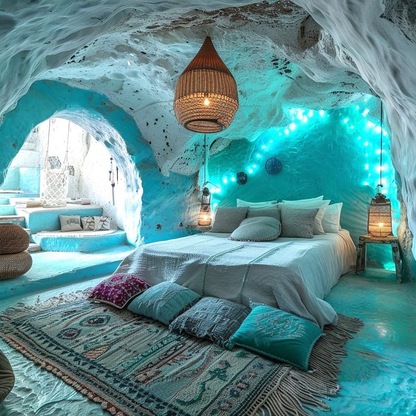 Bedroom inside a blue cave with rock walls, bed, woven pendant light, and bohemian decor