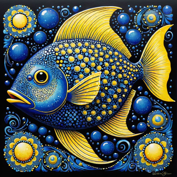 Ornate blue fish with yellow spotted pattern and golden fins against starry background with decorative bubbles
