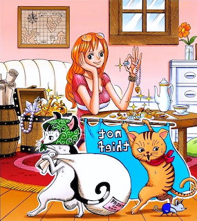 Anime girl with orange hair sitting with cats and dogs in a bright room