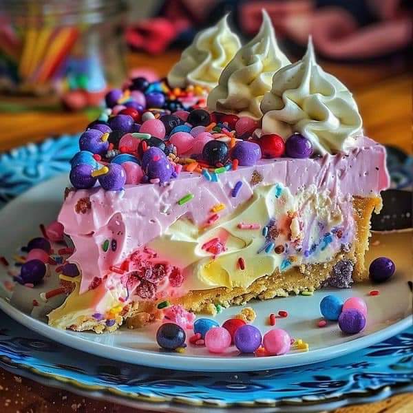 Slice of colorful layered cheesecake with berries, whipped cream, and candy on blue plate