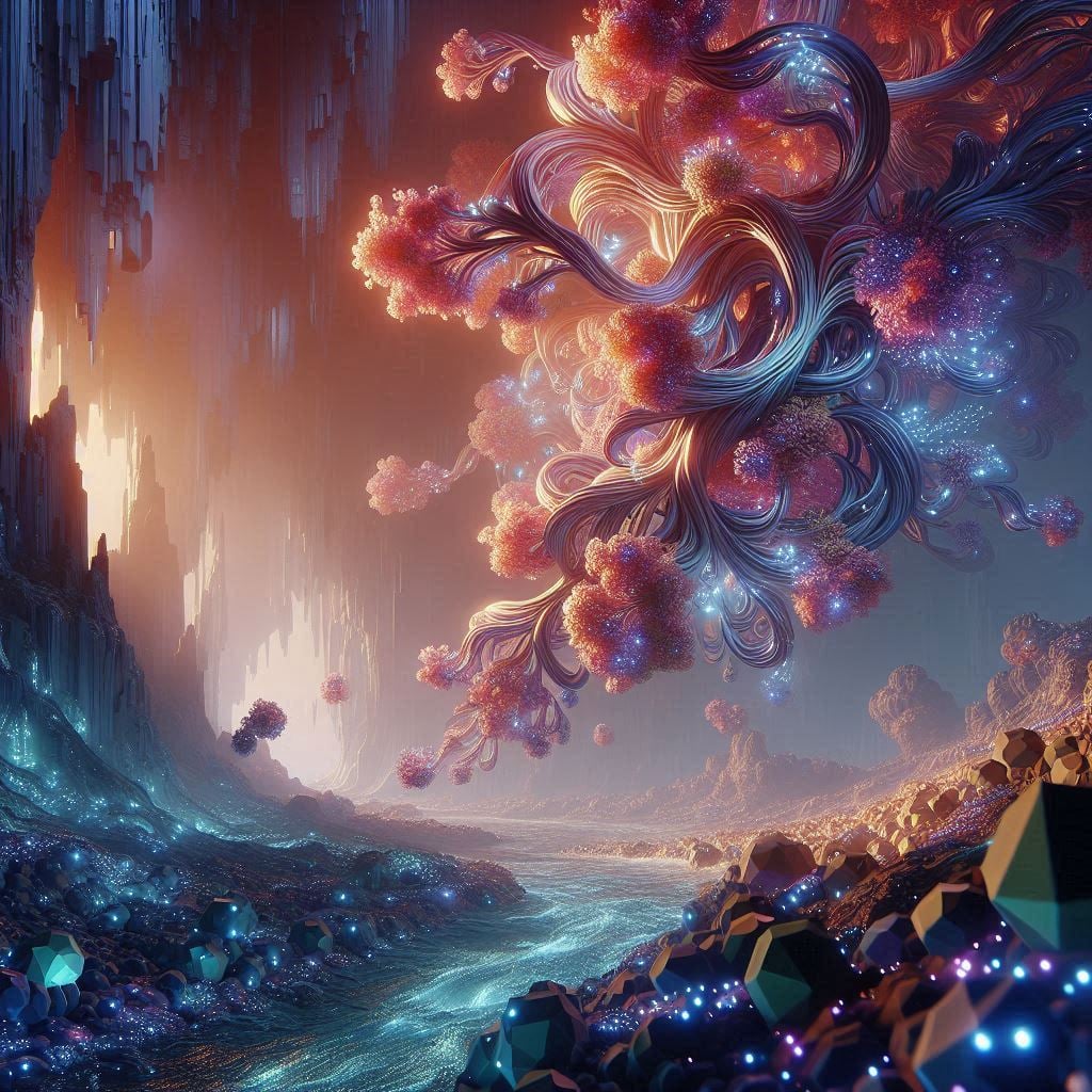 Abstract fantasy landscape with glowing swirling forms above a river and sparkling crystalline ground