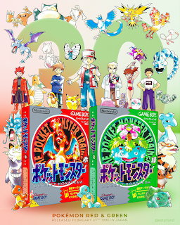 Pokémon Red and Green game boxes with trainers and Pokémon characters