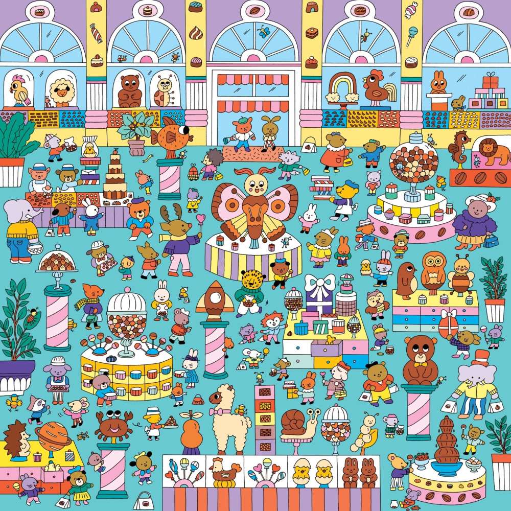 Busy cartoon candy shop scene with colorful sweets, cakes, and many characters in a whimsical store interior