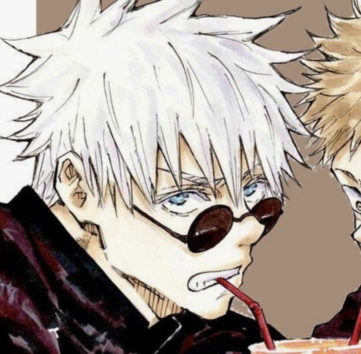 Close-up anime image of Satoru Gojo with white hair, sunglasses, and a red straw