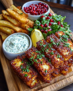 Grilled fish fillets with fries, salad, and dipping sauce on wooden board