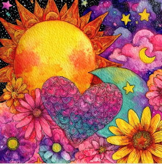 Whimsical art with sun, heart, flowers, moon and stars in vibrant colors