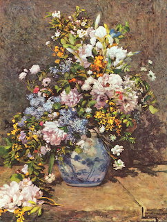 Impressionist painting of a large colorful flower bouquet in a blue and white porcelain vase