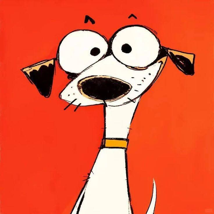 Cartoon white dog with big round eyes and open mouth on orange background