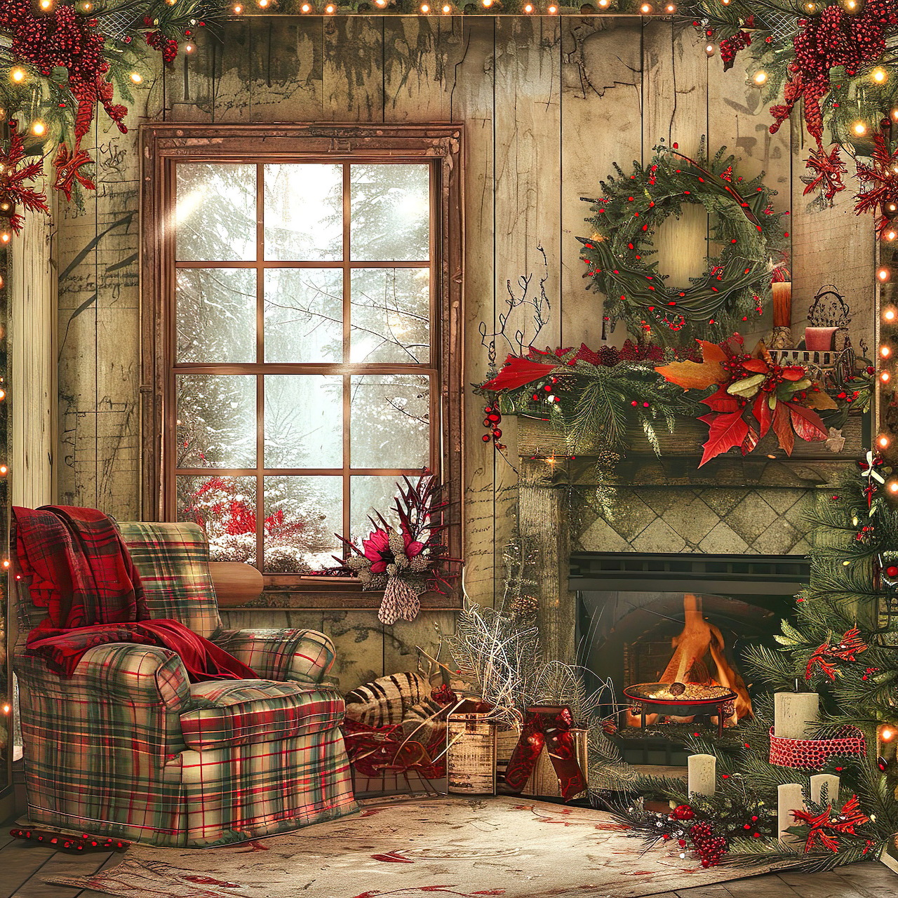 Rustic Christmas living room with fireplace, plaid chair, wreath, and holiday decorations