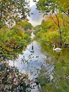 White swan on a peaceful canal surrounded by autumn trees with golden and green foliage