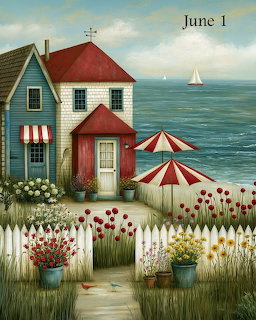 Painting of a seaside cottage with flower garden, white picket fence, striped umbrellas, and ocean with sailboat