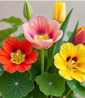 Colorful tulips including red, pink, and yellow blooms with green foliage