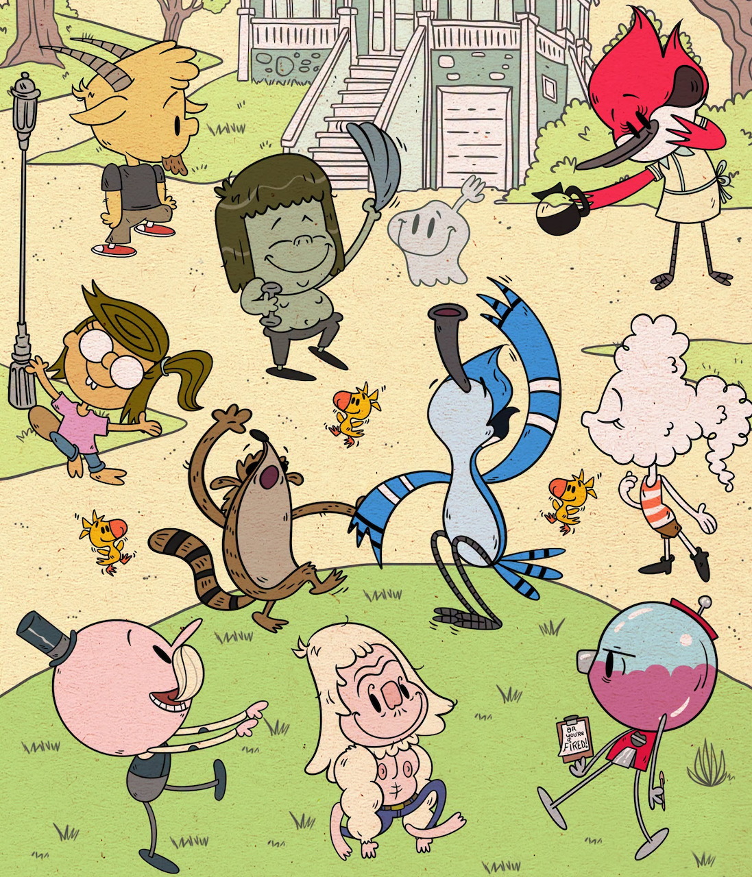 Cartoon characters from Regular Show gathered in a backyard scene with various animated figures on green grass