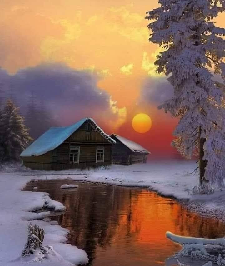 Snow-covered cottage by a stream at sunset with frosted trees and glowing sky