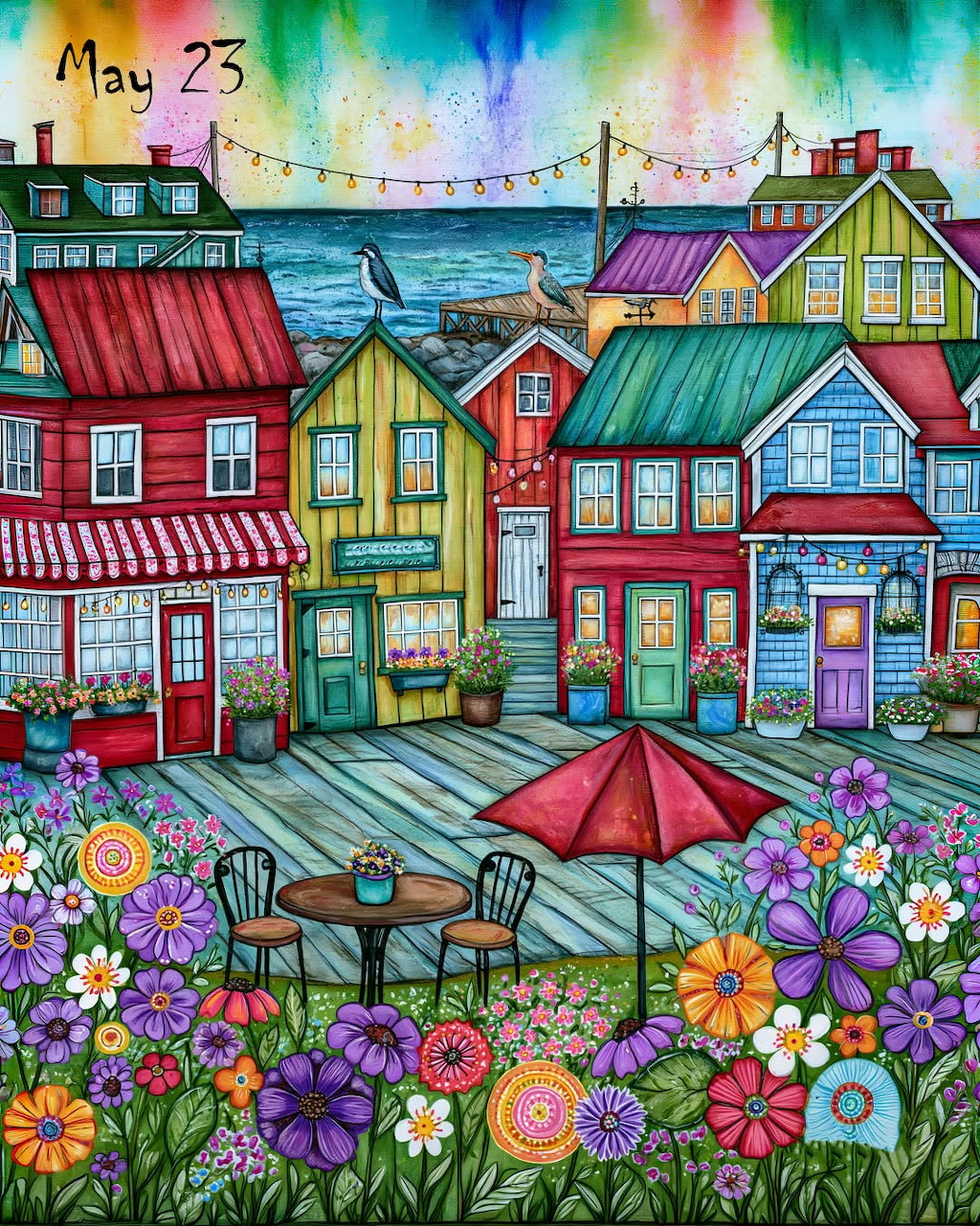 Colorful illustrated seaside village with bright houses, flowers, boardwalk, and ocean view