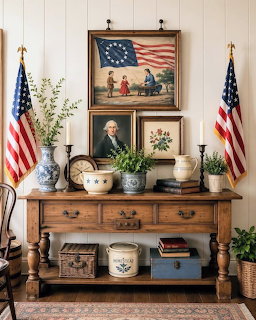 Wooden console table decorated with American flags, vintage patriotic artwork, portrait, plants, and ceramic crocks