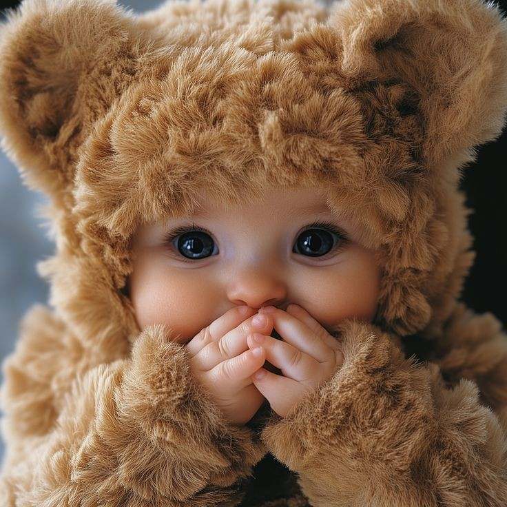 Baby in brown teddy bear costume with hands to mouth
